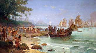 Высадка португальского мореплавателя Педру А́лвариша Кабрала на берегу будущей Бразилии в 1500 году.